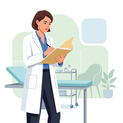 Fototapeta premium Female Doctor in Lab Coat Writing on Clipboard in Medical Office Examination Room