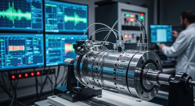 Gas centrifuge rotor balancing station with digital monitors displaying vibration data supporting advanced uranium isotope separation reliability.