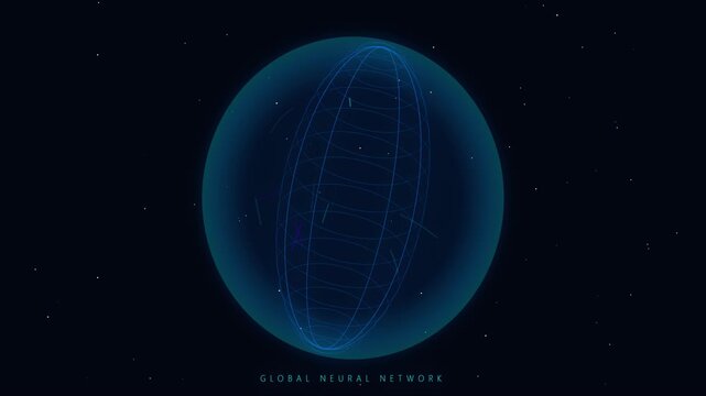 Blue digital globe with network lines rotating on black background