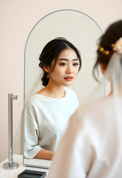 Young asian woman looking at her reflection in a mirror, self care and beauty routine, getting ready for a special occasion