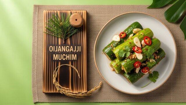 Gourmet Oijangajji Muchim pickled cucumber with chili and garlic, elegant traditional presentation with fresh green copy space