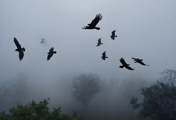 Obraz premium Flock of black birds flying through a dense, eerie fog over a forest landscape, mysterious and atmospheric nature scene