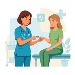 Fototapeta premium Nurse checking patient's oxygen saturation with pulse oximeter. Flat vector illustration of healthcare and medical check-up.