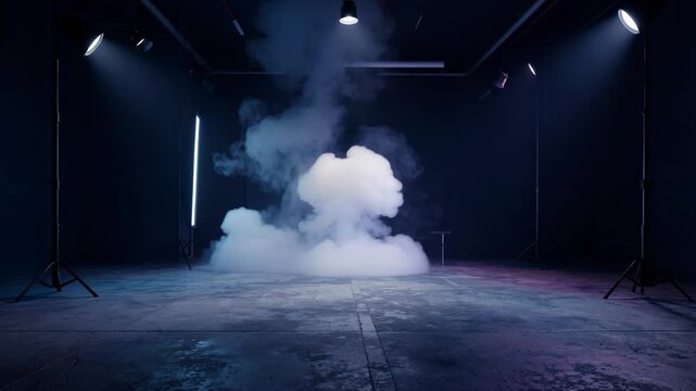 A dimly lit stage with smoke and spotlights
