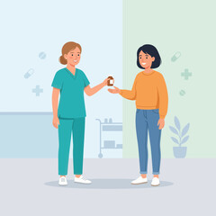 Obraz premium Nurse handing medicine bottle to patient, flat vector illustration in a simple, modern medical setting.
