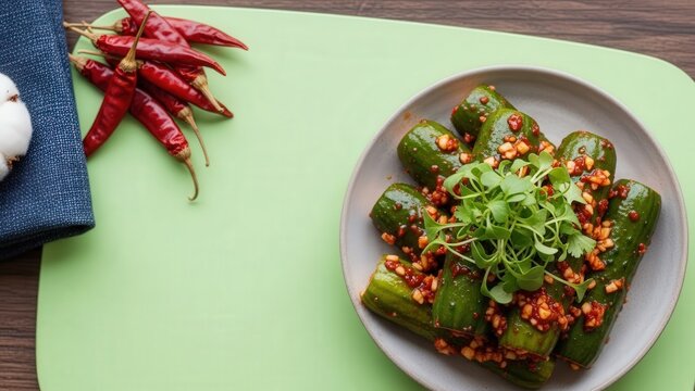 Gourmet Oijangajji Muchim pickled cucumber with chili and garlic, elegant minimalist presentation with fresh green copy space