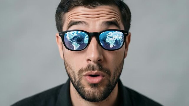 A man gazing off into space while wearing special glasses that have a picture of the Earth on them.