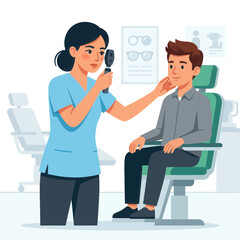 Fototapeta premium Optometrist examining a patient's eye with a device, flat vector illustration, medical consultation, vision care concept.