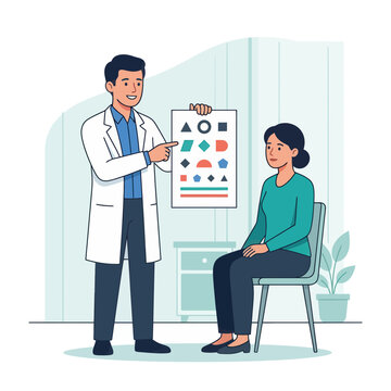 Optometrist Examining Patient with Eye Chart - Flat Vector Illustration