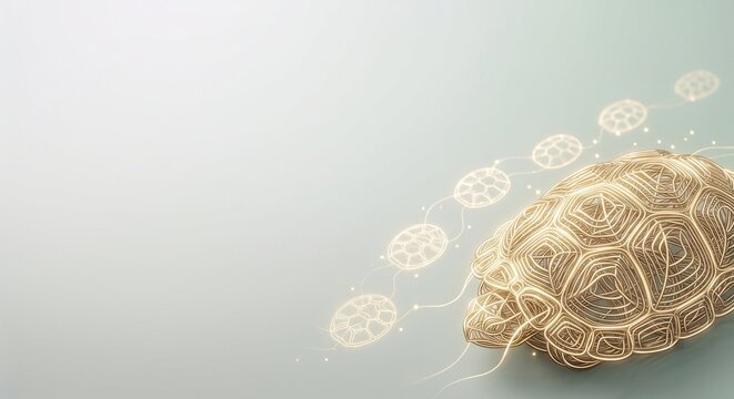Abstract wireframe glowing golden turtle graphic with trailing shells and large copy space