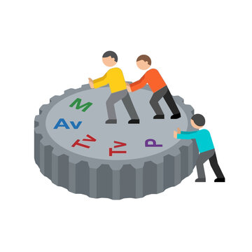 Teamwork turning camera mode dial, business strategy and collaboration concept