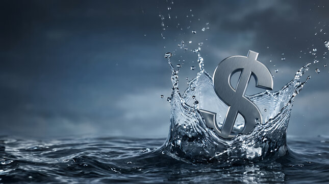 A Dramatic and Dynamic of a US Dollar Sign ($) Appearing to Fall or Be Dropped into Water Creating a Splash Symbolizing Financial Loss Economic Decline Money Wasting or Investment Risk money us