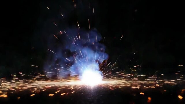 A vivid blue firework bursts into a bright light against the night sky.