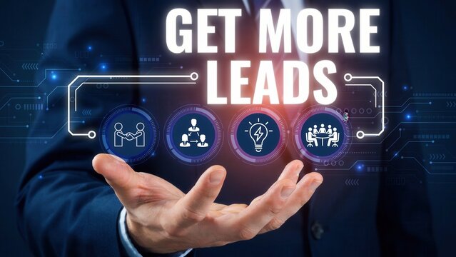 Professional business person displaying holographic interface with get more leads text and digital icons against a dark blue corporate background