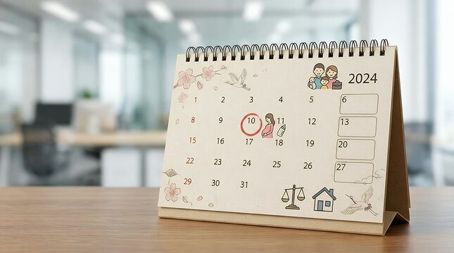 A calendar with Japanese idioms highlighting the term for maternity leave symbolizing the concept of parental leave work-life balance and family planning in a professional context. maternity leave