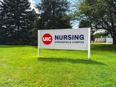 Springfield, Illinois, USA - July 4, 2026: Outdoor sign for the UIC Nursing Springfield Campus in Springfield Illinois.