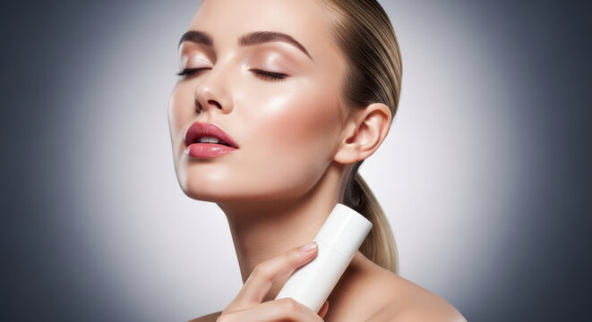 Elegant young blonde woman with hair tied back holding white skin care product bottle against simple grey studio background beauty photography.