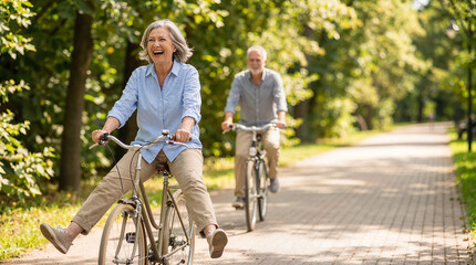 Naklejka premium Joyful senior couple cycling together on a sunny park path