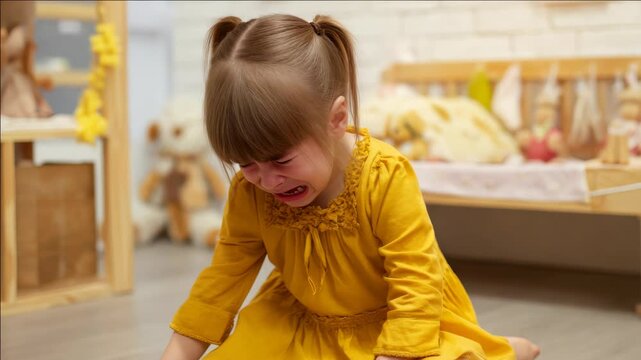 Tearful toddler sobbing in an indoor play area