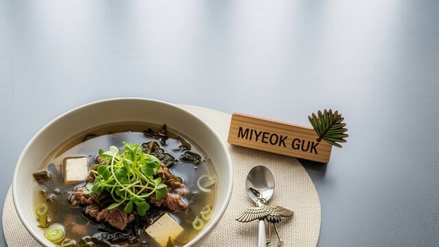 Traditional Miyeok Guk (Korean Seaweed Soup with Beef) in ceramic bowl on a hanji mat with traditional accents and ocean-gray negative space.