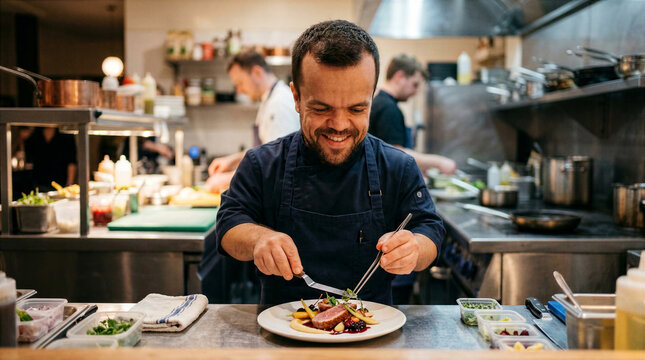 Professional chef with dwarfism garnishing gourmet dish in busy restaurant kitchen