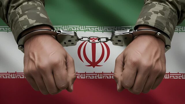 Hands in military uniform sleeves are shown in handcuffs, symbolizing a somber representation of restriction and political repression often associated with the nation of Iran.
