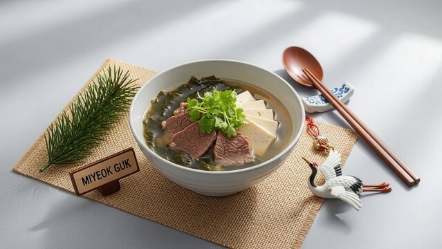 Traditional Miyeok Guk (Korean Seaweed Soup with Beef) in ceramic bowl on a hanji mat with traditional accents and ocean-gray negative space.