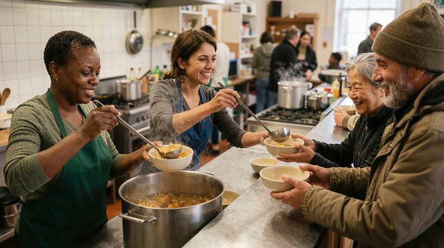 Volunteers serve hot meals to people in need at a community kitchen