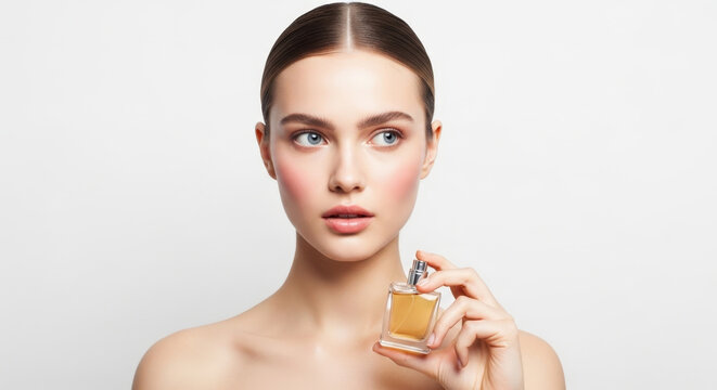 Elegant young woman with clean bare shoulders holding a perfume bottle looking directly at the camera with a neutral expression.