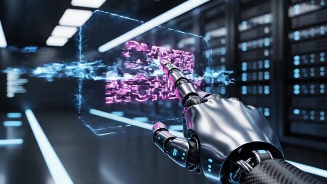 Robotic hand pointing at Cyber Monday text in server room