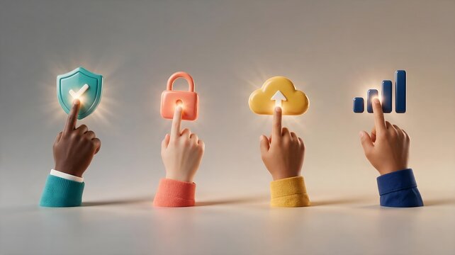 Group of diverse hands touching virtual 3D business technology symbols like security shield, locked padlock, cloud storage, and rising bar graph representing modern corporate data safety.