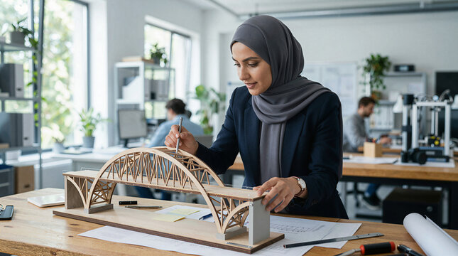 Female engineer wearing hijab working on bridge model in modern office