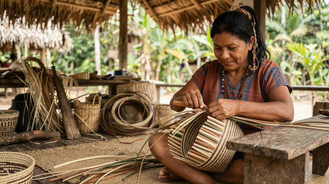 Indigenous woman weaving a basket in a traditional hut
