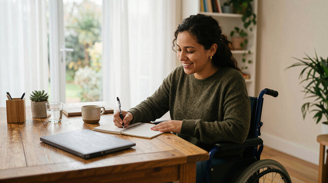 Woman in wheelchair writing in notebook at wooden desk