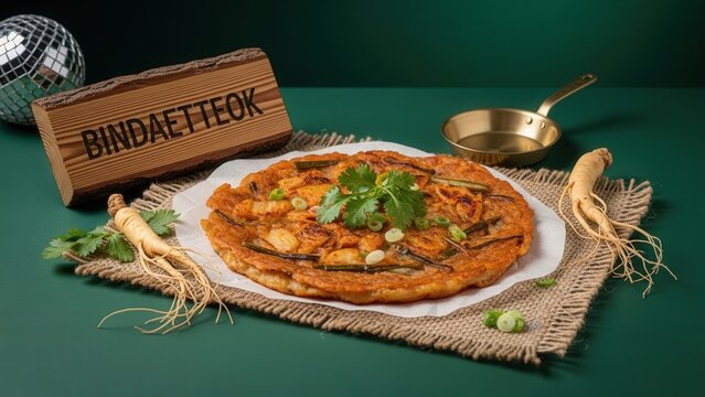 Gourmet Bindaetteok crispy mung bean pancake with kimchi, elegant traditional presentation with deep green copy space