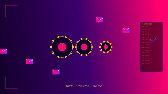 An autonomous workflow shows mechanical gears rotating with purple digital envelopes flying across a vibrant gradient interface that displays incremental data metrics during this video cycle