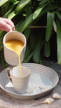 Pouring Juice into a Cup in an Outdoor Setting