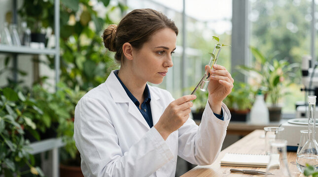 Scientist examines plant seedling in test tube in greenhouse laboratory