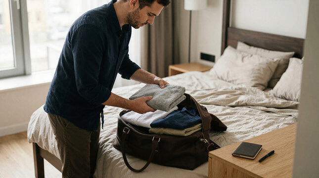 Man packing a duffel bag with clothes on a bed in a hotel room