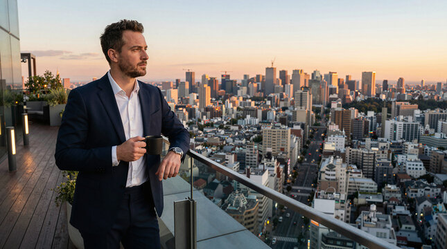 Man in Suit Holding Coffee Cup on Rooftop Overlooking Cityscape at Sunset