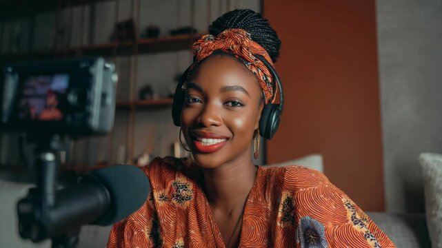 A young woman wearing headphones and a colorful headband is speaking into a microphone while sitting in front of a camera. She appears to be engaging in a video or audio recording session.