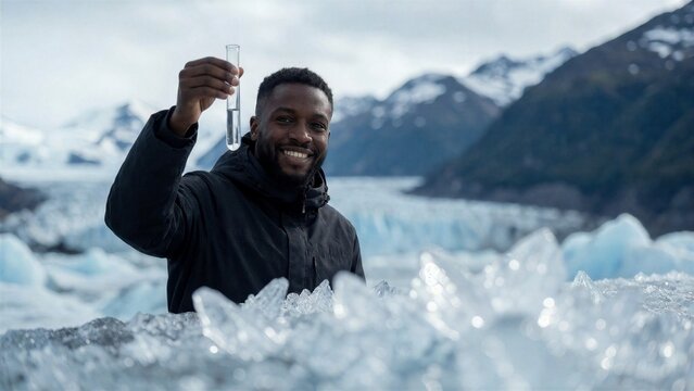Man holding a test tube with liquid in an icy arctic landscape