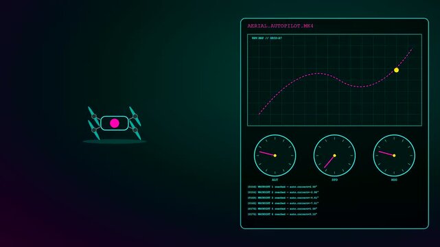 An autonomous workflow screen displaying a drone flight path on a grid interface with moving nodes and circular gauges tracking aerial movement in dark surroundings