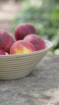 Close-Up of Fresh Peaches in a Bowl Outdoors