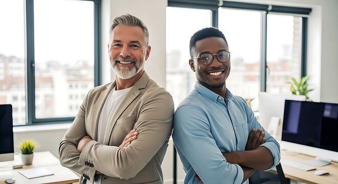 Two smiling businessmen with arms crossed standing back-to-back in modern office.