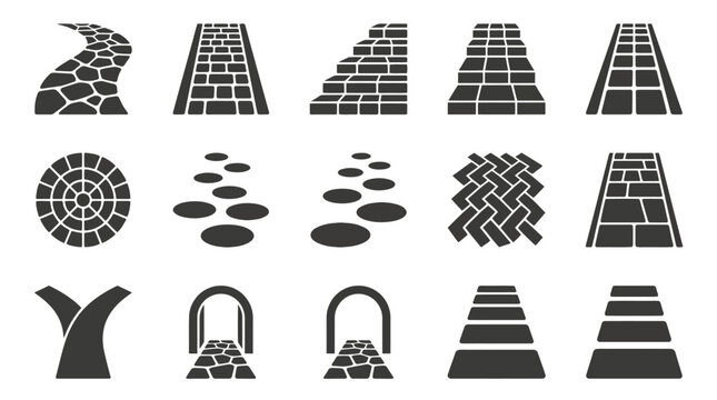 Garden path and stone paving landscape icons set.