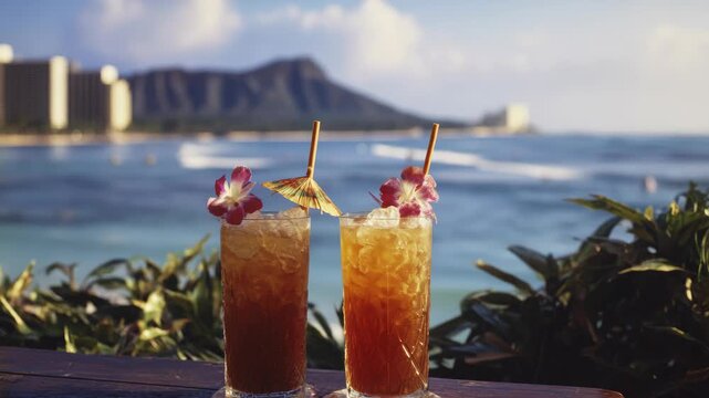 Beachside drinks with a view of the ocean and mountains in the distance.
