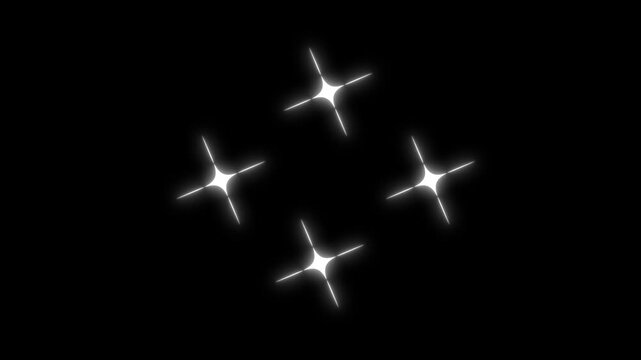 Animated white  stars, twinkling star glitter sparkle, retro flat vector blinking light effect, fairytale magic overlay on black screen background, 4k