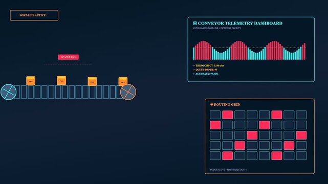 An autonomous workflow dashboard displays moving graphical data blocks and sound wave patterns across three screens to illustrate real time industrial processes within a digital control center