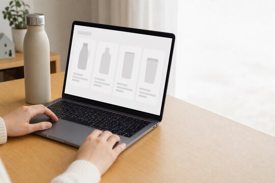 パソコンで日用品を比較してネット通販を利用する日本人女性の手元